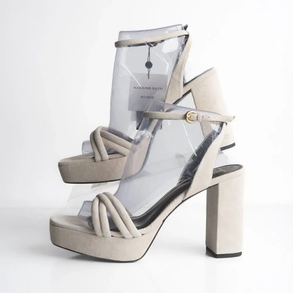 Massimo Dutti Womens Ivory Suede Strappy Platform Pumps heels US 11 EU 42